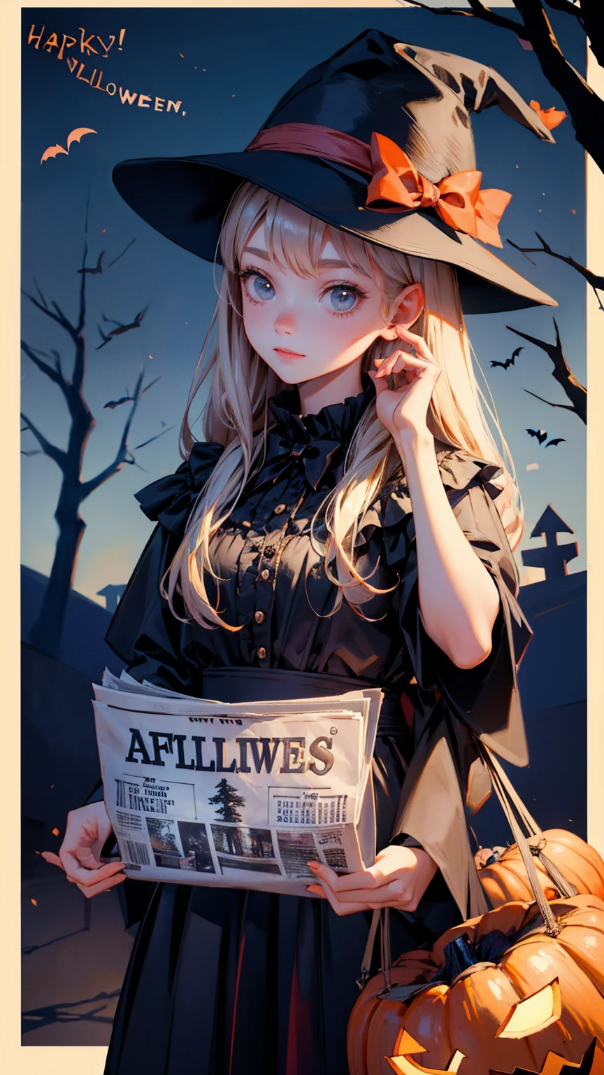 cute girl wearing hat and  holding up a newspaper with the text "Announcement of Announcement," written on it, with a Halloween background and spooky trees in the back