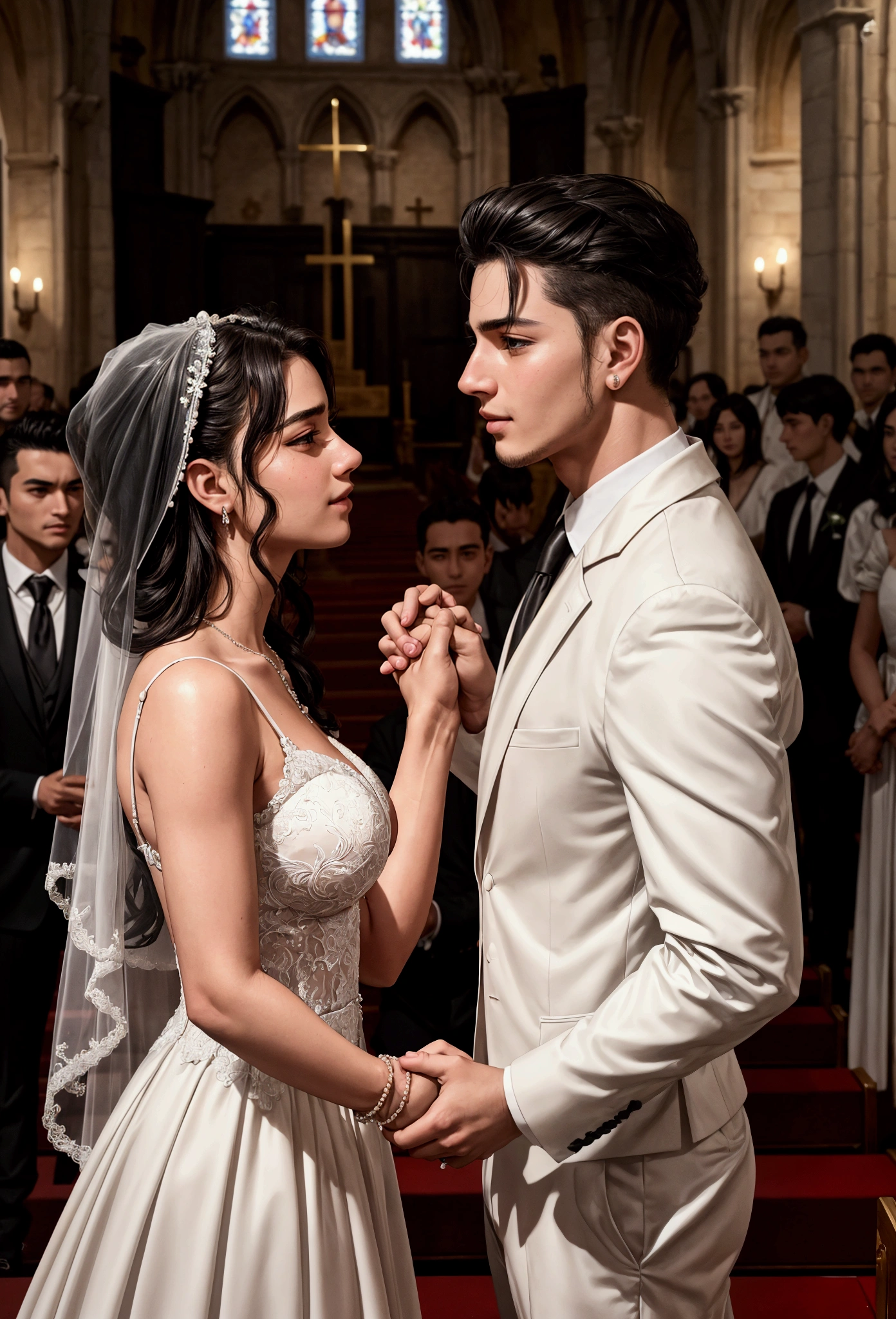 A young Italian mafioso stood on the podium in the church and received blessings from everyone together with the bride,Mafia and bride holding hands,There were many people standing around giving blessings,Two people smiling,Promotional image, High quality photos, Art work, High-quality screenshots, author:Dan Frazier, 4k static, netflix, High-quality stills, a24 ,High quality face,Clear facial features close-up