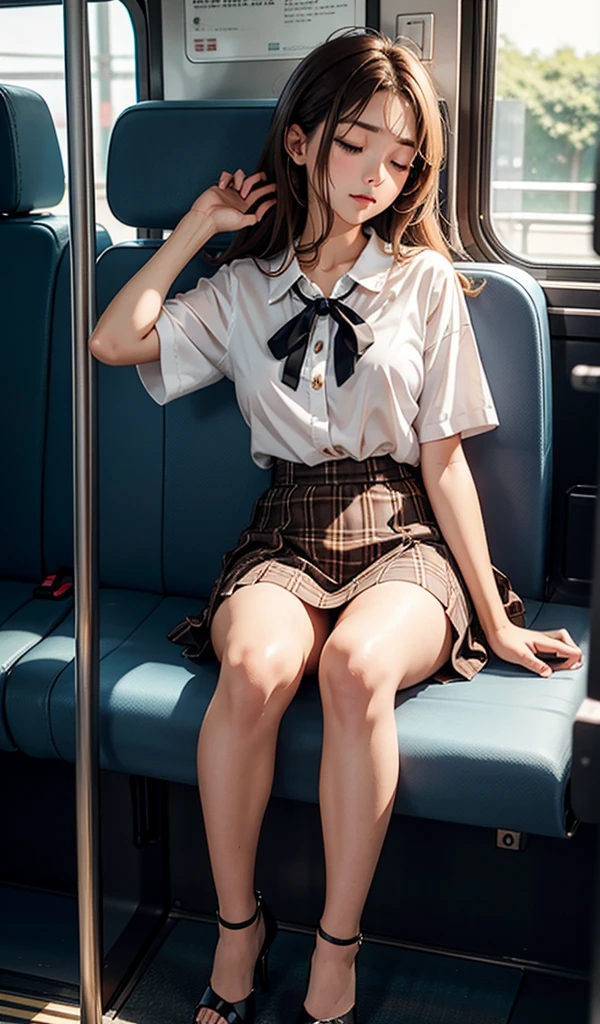 20-year-old women,,Clear images、Real women　、Brown Hair, Medium Hair〜Half-up、She is sleeping soundly with her mouth open.., Slim figure ,Breasts are a little bigger than normal , Head to toe full body shot, Shiny white high heels、 Blouse with ribbon on the chest、Checkered mini skirt, Sit comfortably in the back of the bus, 、私 threw my head back and fell into a deep sleep..,Arms hanging down. I&#39;m exhausted on the way home after work..Sleeping like the dead.My knees are open, Both feet are on the floor, sleeping face, close your eyes, Mouth wide open and drool、Tilt your head back and look up, I can rest my head on the seat and sleep soundly..., Anatomically correct,Composition looking up from the front 