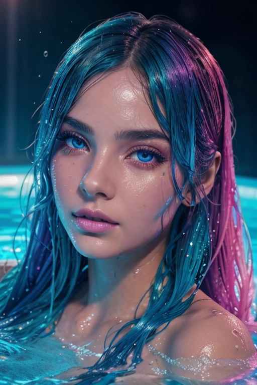 beautiful girl swimming in a pool of colorful slime, detailed face, beautiful eyes, long eyelashes, flawless skin, glowing ethereal skin, wet hair, dripping slime, swirling neon slime, swimming pose, pool of luminescent slime, underwater, vivid colors, dramatic lighting, cinematic, digital painting, hyper detailed, photorealistic, 8k, HDR, cinematic lighting, dramatic colors