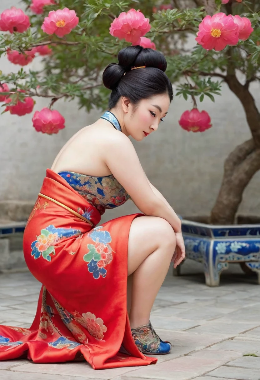 A side view of a Chinese empress, a close-up of her buttocks on all fours. The background is the stone paving outside a Chinese palace in the Qing dynasty. A Manchu with a bright red floral pattern is on all fours, with her hands clasped together, and only her large bare buttocks sticking out. Her face is open and she is not wearing underwear.