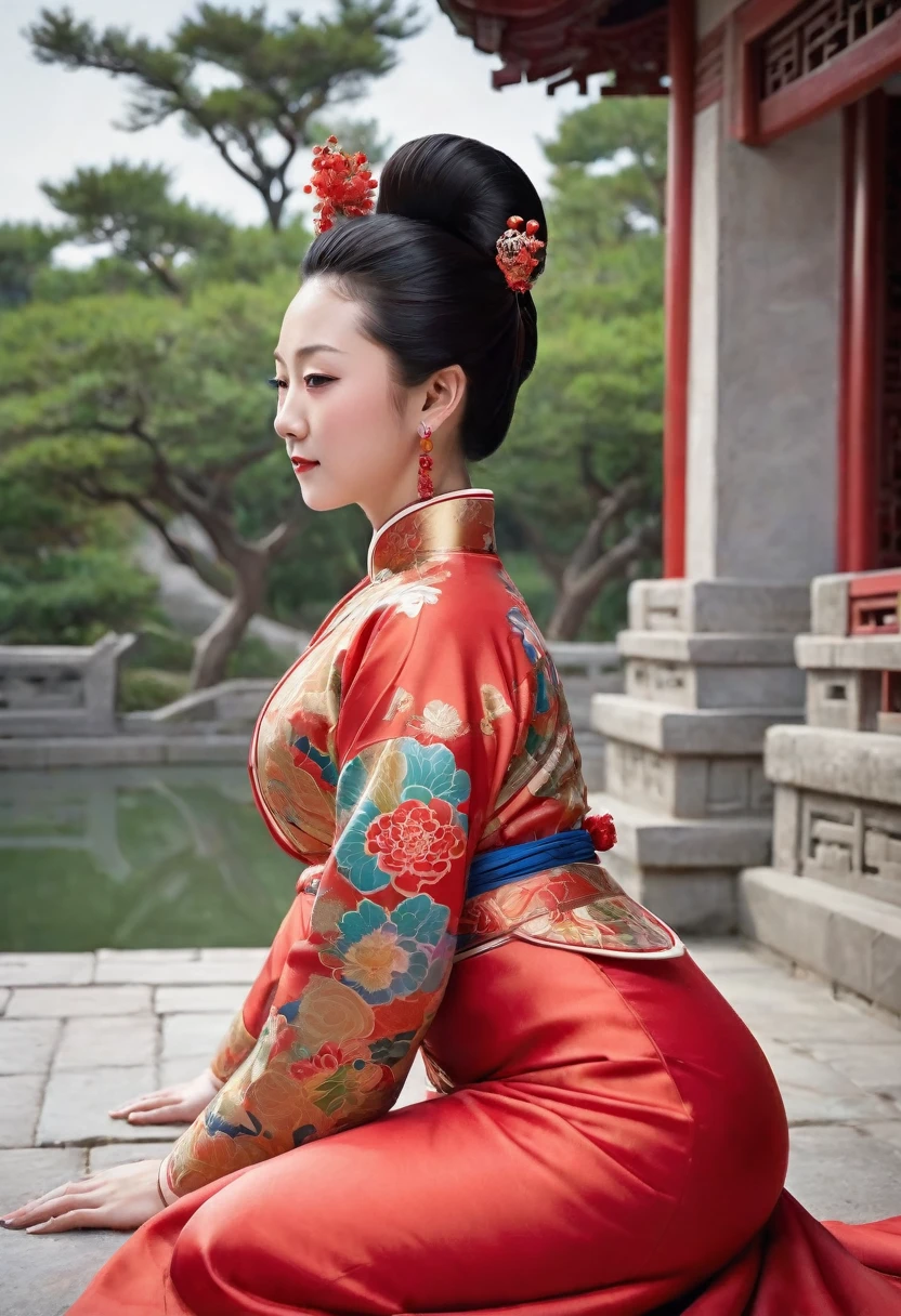 A side view of a Chinese empress, a close-up of her buttocks on all fours. The background is the stone paving outside a Chinese palace in the Qing dynasty. A Manchu with a bright red floral pattern is on all fours, with her hands clasped together, and only her large bare buttocks sticking out. Her face is open and she is not wearing underwear.