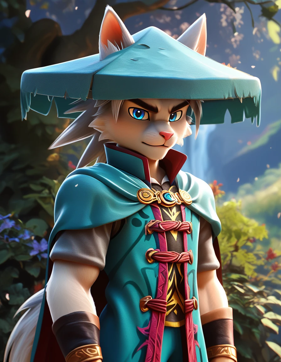 score_9, score_8_up, score_7_up, score_6_up, (du57aet, anthro, tail), ((male focus, 1boy, solo)), male, half-length portrait, blue eyes, hat, cape, vest,  forest background 