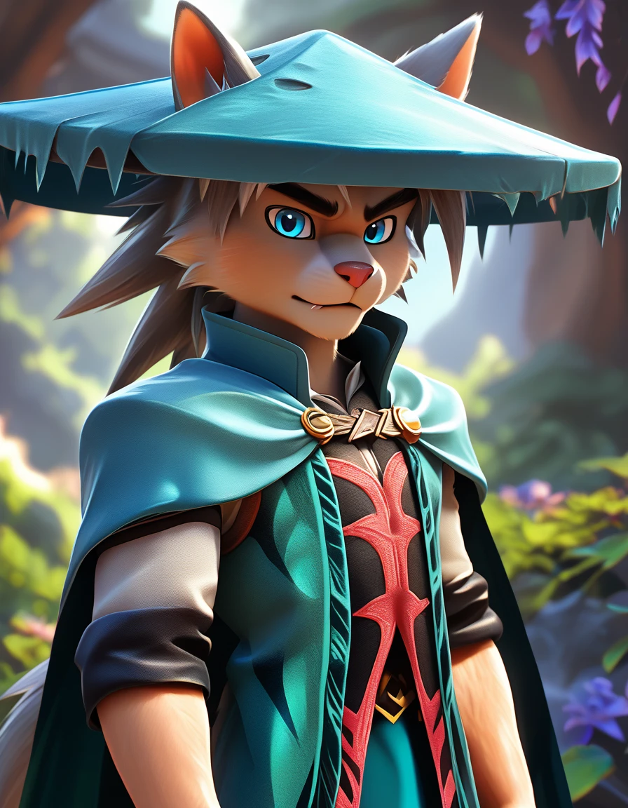 score_9, score_8_up, score_7_up, score_6_up, (du57aet, anthro, tail), ((male focus, 1boy, solo)), male, half-length portrait, blue eyes, hat, cape, vest,  forest background 