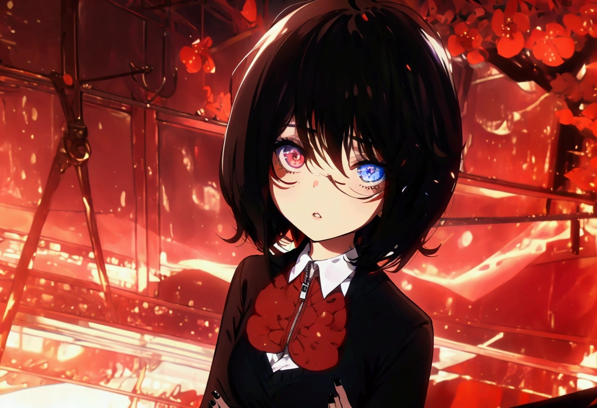 characteristic,, , 1 girl, Ahoge, bangss, black overskirt, black sweater, blue nails, Blurry, Blurry background, breastsout, eyes browns, chestnut hair, brown jaket, cloused mouth, dated, giorno, Depth of field, aretes, eyelash, hands up, tilt your head, jaket, jewerly, long hair, long sleeves, looking ahead at viewer, medium breastsout, glaze, clothes open, open jaket, plein-air, pursed lips, shirt tucked in, side locks, overskirt, sleeves past the wrists, standing alone, sweater, trunk, zipper, , , ((work of art)), , 