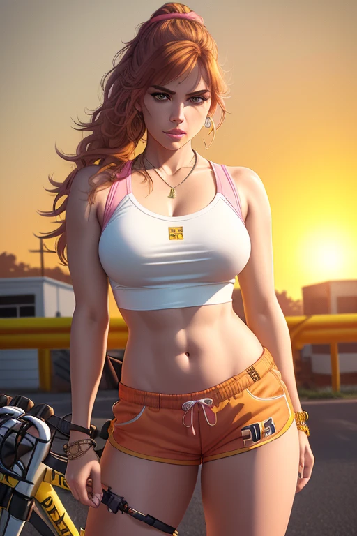 a woman in a white top and pink shorts is standing next to a bike with a yellow background and, by Quentin Tarantino, 1girl, bracelet, brown_hair, jewelry, letterboxed, lips, long_hair, makeup, medium_breasts, midriff, nail_polish, navel, necklace, nose, orange_sky, pink_shorts, realistic, shorts, solo, sun, sunset, tattoo,wristband, yellow_background, yellow_sky, beautiful detailed glow, detailed, Cinematic light, intricate detail, highres, detailed facial features, high detail, sharp focus, smooth, aesthetic, extremely detailed, stamp, octane render,