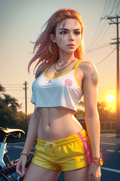 a woman in a white top and pink shorts is standing next to a bike with a yellow background and, by Quentin Tarantino, 1girl, bracelet, brown_hair, jewelry, letterboxed, lips, long_hair, makeup, medium_breasts, midriff, nail_polish, navel, necklace, nose, orange_sky, pink_shorts, realistic, shorts, solo, sun, sunset, tattoo,wristband, yellow_background, yellow_sky, beautiful detailed glow, detailed, Cinematic light, intricate detail, highres, detailed facial features, high detail, sharp focus, smooth, aesthetic, extremely detailed, stamp, octane render,