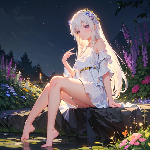 (best quality,4K,8K,high resolution,masterpiece:1.2),Very detailed,(Practical,photoPractical,photo-Practical:1.37),illustration,Soft Light,White hair girl,Deep purple eyes,Glowing eyes,sit down,barefoot,blush,Garden at night,Flowers.dew