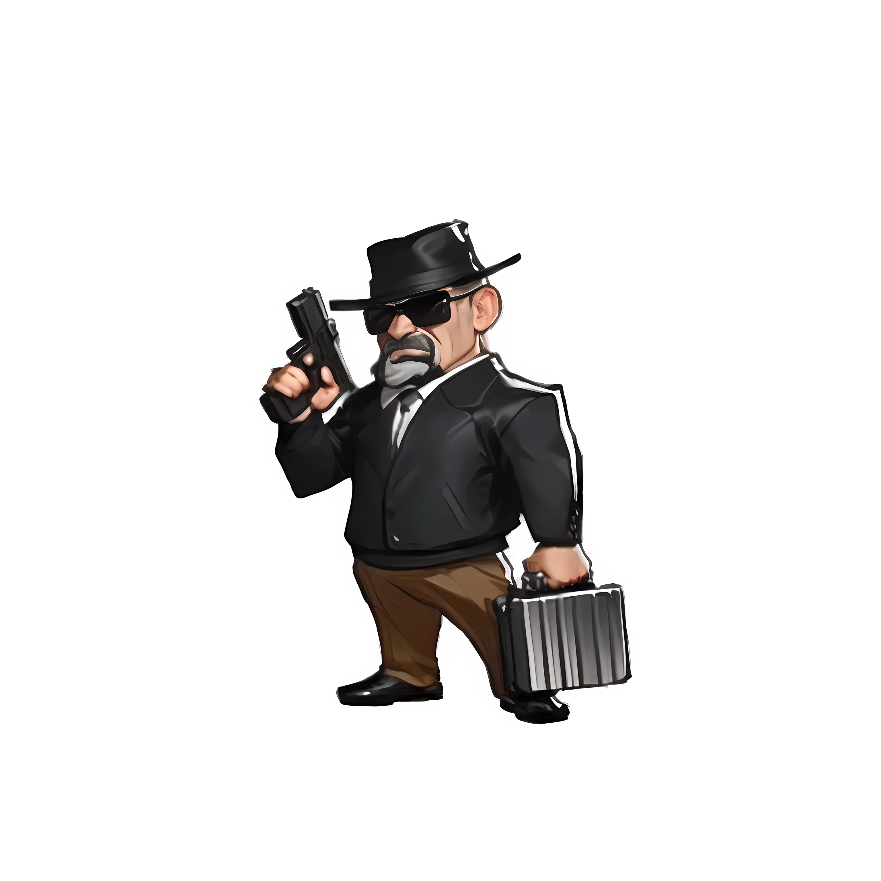 Cartoon man in suit and hat holding gun and briefcase, gangster, , Man Carrying a Gun, he has a pistol, Hold the gun in your right hand, mafia, big boss, Carry a gun,Black sunglasses,White beard,Gentleman's hat,Metal suitcase,Black jacket,sideways,Full body portrait,ue5 render，3d,Ultra-clear texture