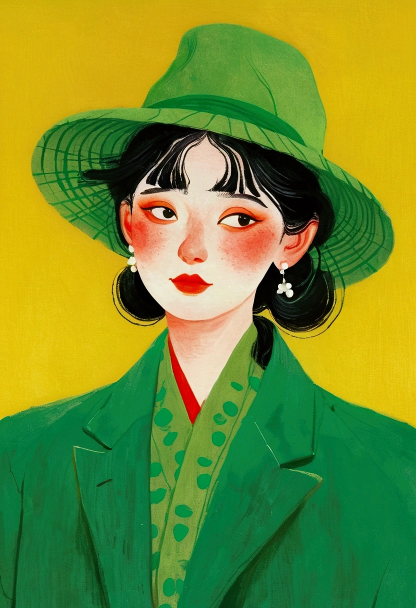 A picture of a man wearing a green hat、Painting of woman wearing green jacket, by Zou Zhe, Li Song, Mei Qing, author:Louis van Baarle, author:unbelievable, Illustration style, author Choi Buk, by Zou Yigui, Fine quality illustrations, Otto Schmidt, Popular trends on artstration, inspired author:Louis van Baarle, by Qu Leilei