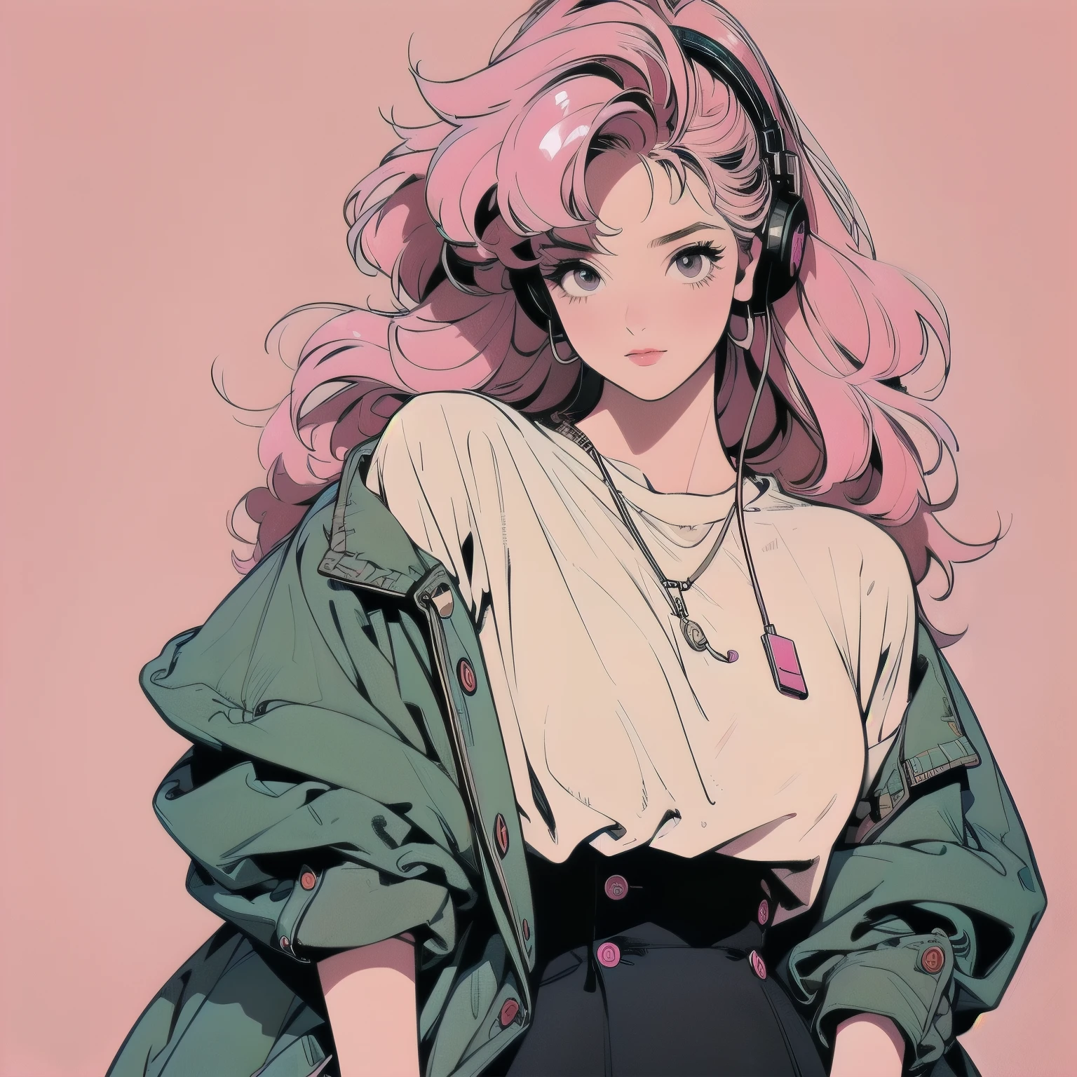 whole body, Upper Body, Messy room, Apartment, 1 girl, 4K, Warm colors , mysterious , skirt, blouse、Faint lighting、Detailed Hair、Perfect Face、80s fashion、retro color、Highest quality、Detailed Background、Complex background、sunset、Pink Hair、(((One headphone)))、Trigun