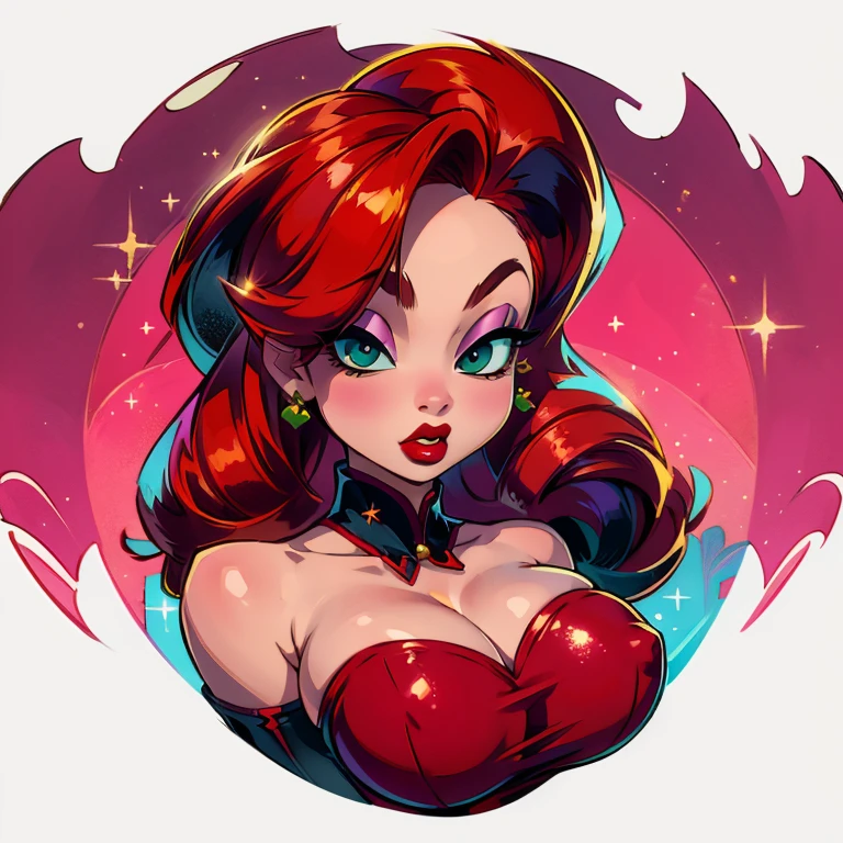 ((1girl, jessicarab, white background, long hair, large hair, clean: 1.3, red dress, glitter dress)), upper body, anatomically correct, simple background, cleavage, looking at the viewer, jessica rabbit, (sideless red dress, glitter dress, purple sleeve gloves, red hair,) detailed eyes, perfect eyes, green eyes, pink eye make up, red lipstick, cleavage, seductive look, looking at viewer