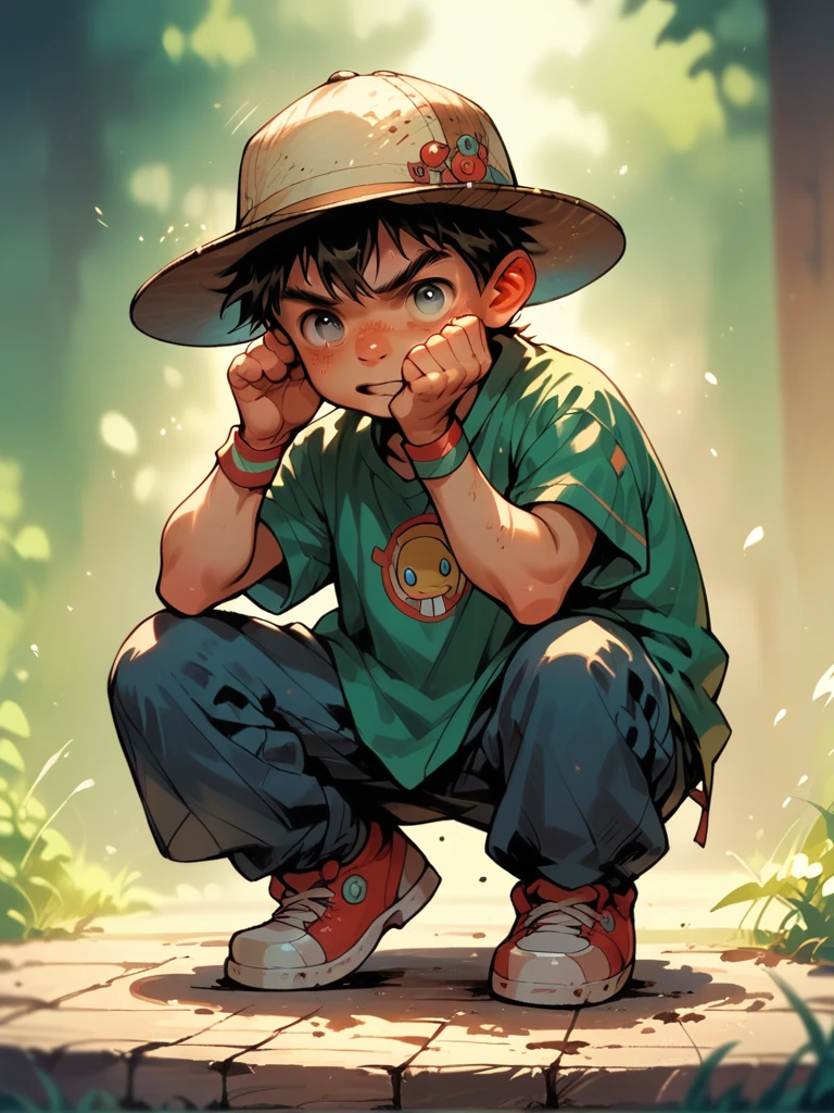 score_9, score_8_up, score_7_up, score_6_up, 1boy, kid, wearing hat, squatting pose, g4n1m3,