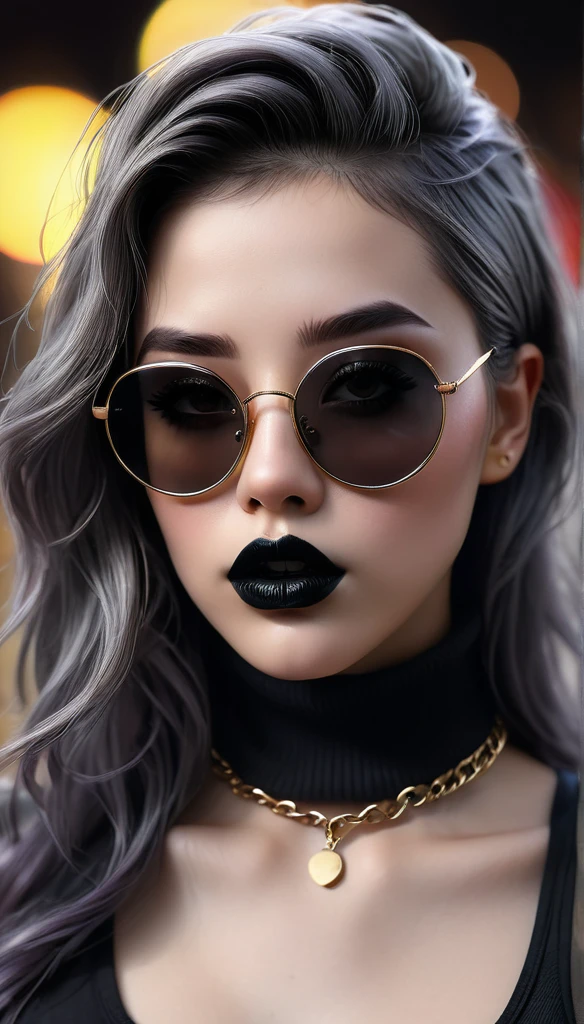 ((realistic,photorealistic:1.37),(ultra-detailed), (professional),(sharp focus), (vivid colors), (bokeh),(portrait), (skin texture:1.1), (gun:1.1)best quality,4 k,8 k,higher ,masterpiece:1.2),ultra-detailed,(realistic,photorealistic,photo-realistic:1.37), punk girl thug style ultra realistic, Raw photo Realistic, black hair layered haircuts punk style, black sunglasses chain locket, black lips, black lipstick,dark room realistic light ultra detailed description cool face expression, delicate nose,long eyelashes, delicate lips ultra realistic, highly detailed HD Quality top Quality