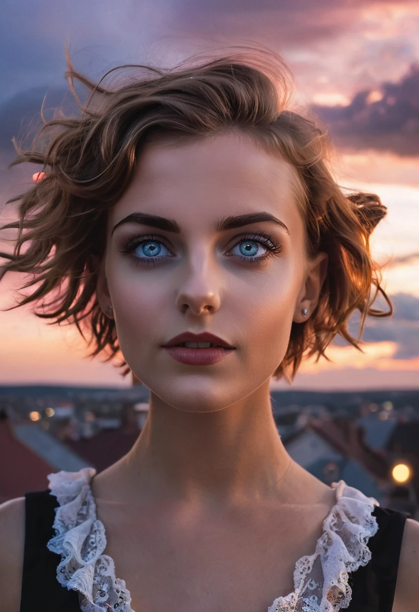 realistic, mesmerizing, modern analog photo, middle shot, photorealistic, (most detailed face, eyes), skyscape with clouds, nightfall, cute woman, small european town in 1910, short windblown skirt, soft steampunk aesthetic, short hair, smoke particles, halo, (bioluminescent:0.95), vibrant color details, dynamic, Intensed eyes, sexy, pleasure, wishmaster, depth of field, 35mm, film grain, raw photo, isometric, extremely detailed