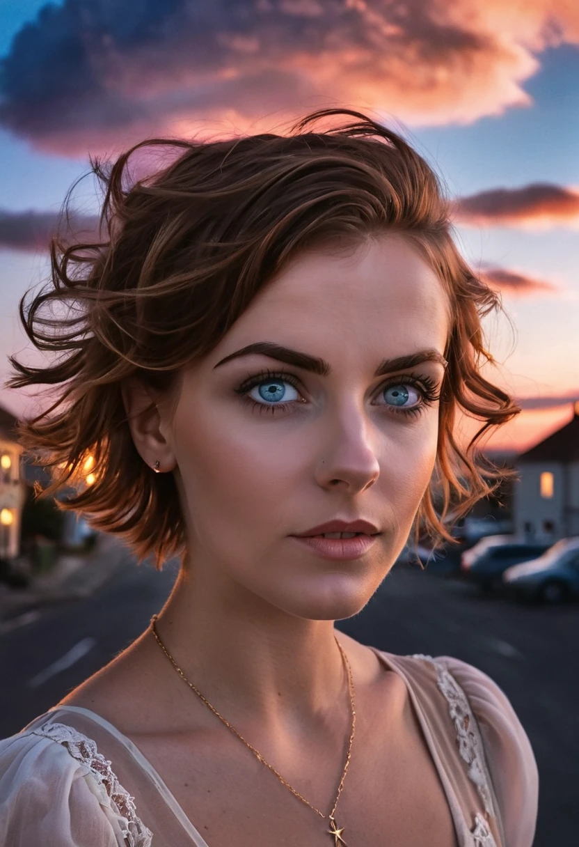 realistic, mesmerizing, modern analog photo, middle shot, photorealistic, (most detailed face, eyes), skyscape with clouds, nightfall, cute woman, small european town in 1910, short windblown skirt, soft steampunk aesthetic, short hair, smoke particles, halo, (bioluminescent:0.95), vibrant color details, dynamic, Intensed eyes, sexy, pleasure, wishmaster, depth of field, 35mm, film grain, raw photo, isometric, extremely detailed