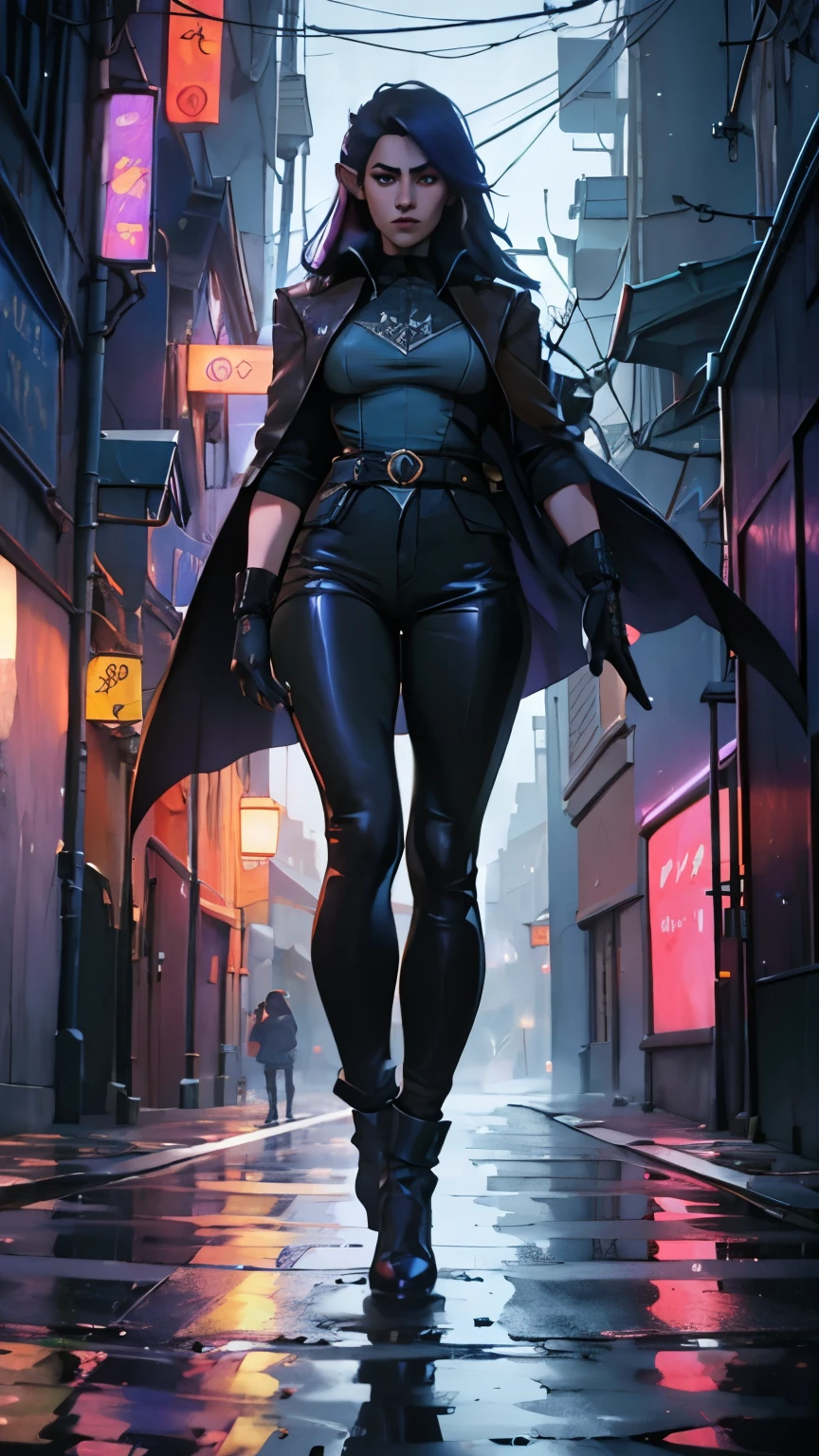 (best quality, highres, realistic:1.37), ultra-detailed, a woman wearing a long dark coat and tight pants, pointy ears, long autumn hair, red eyes, wearing fingerless leather gloves, with a mysterious aura [mysterious, enigmatic], standing in the middle of a dimly lit alleyway [dim lighting, shadows], surrounded by towering buildings [urban setting], with raindrops gently falling on the ground [rainy atmosphere, wet pavement], reflecting the city lights [vivid colors]. The woman's coat is made of luxurious velvet material [velvet texture], and her gloves have intricate patterns embossed on them [detailed textures]. The scene exudes a sense of mystery and anticipation, as if the woman is waiting for something [suspense]. The lighting casts dramatic shadows on the woman's face, highlighting her captivating eyes [dramatic lighting, captivating gaze]. The overall color tone of the image is cool, with shades of dark blue and purple [cool color palette].