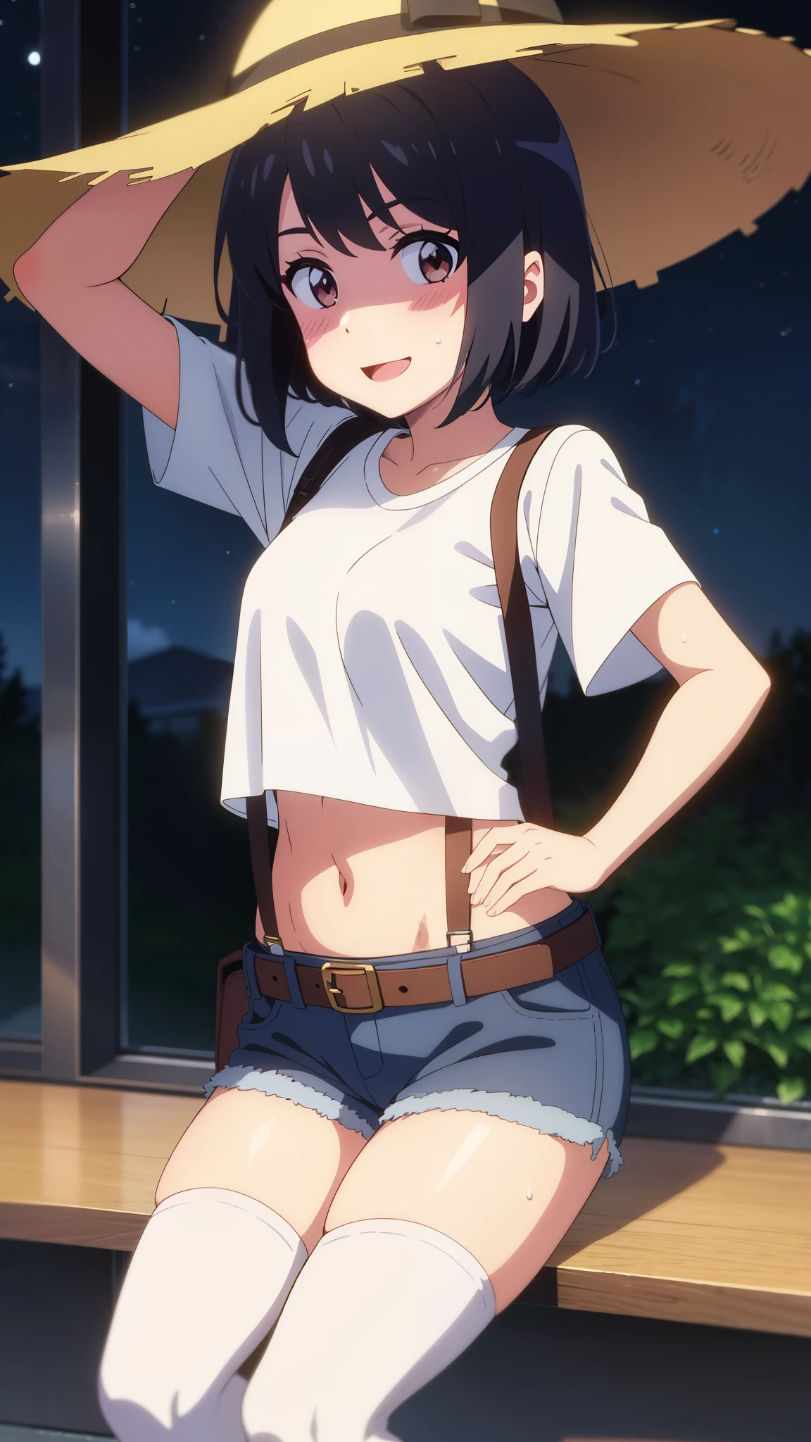 shinkai makoto, kimi no na wa., 1girl, bangs, black hair, blush, brown eyes, perfect face, looking at the viewer, bonnie hat, black suspenders, white t-shirt, white crop top, exposed navel, garterbelt, sight, blue shorts, belt, short hair, solo, shinny skin, smile, cute, open mouth, black thighhighs, night sky, sweat, (masterpiece), best quality