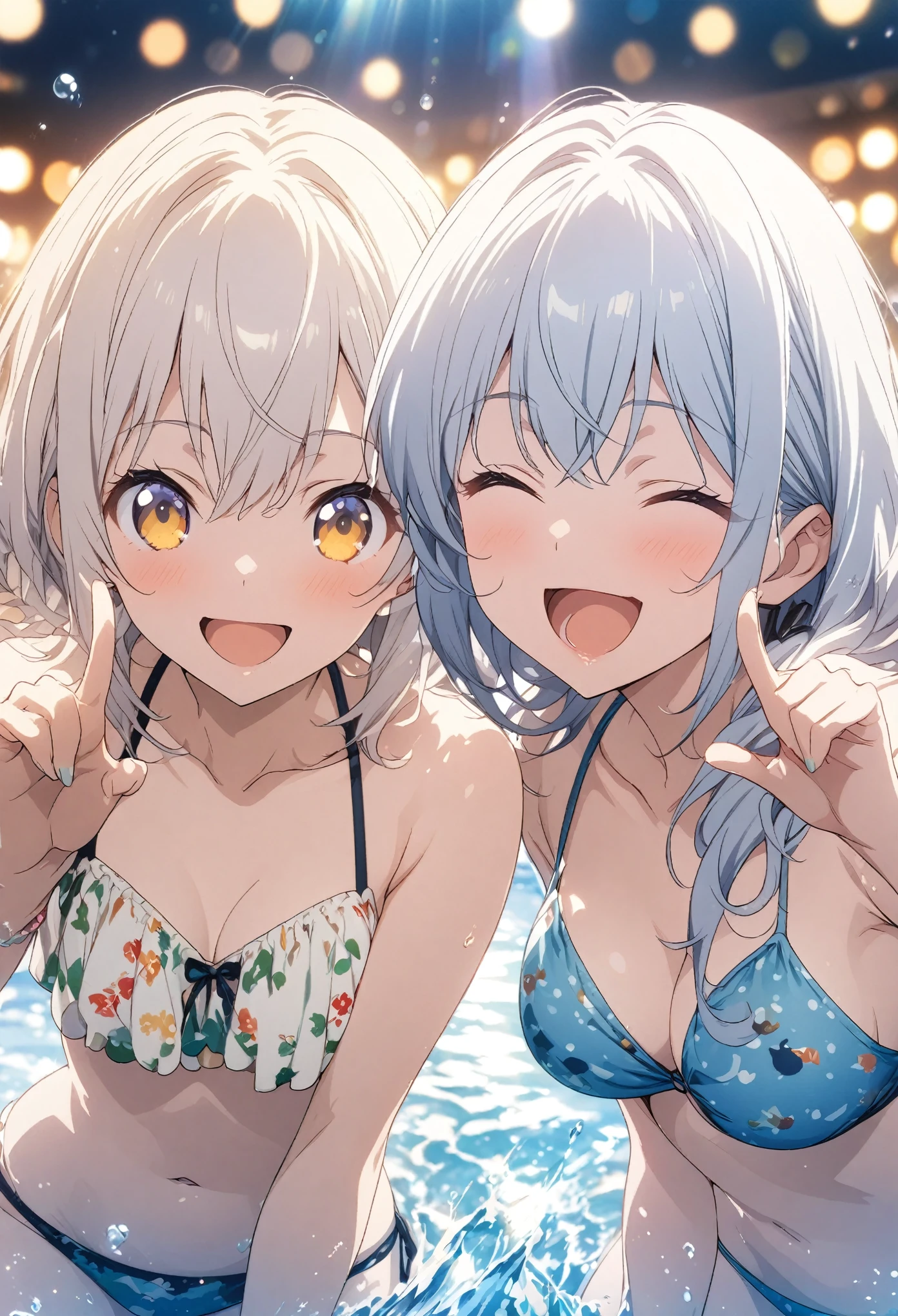 ((Two Girls)), masterpiece, Highest quality, Highly detailed CG Unity 8k wallpaper, High School Girl Anime Illustration. Please wear a cute bikini swimsuit., Finger guns pose, She closes her eyes and opens her mouth wide, smile. white hair color, Yellow Eyes, Bokeh, Spotlight Light, The background is a large outdoor swimming pool with sunlight streaming in., Pastel blue sky, Splash, water droplets, Bokeh photo, (Soft Focus): 1.2, Out of focus highlights, Dreamy atmosphere, Fascinating Depth