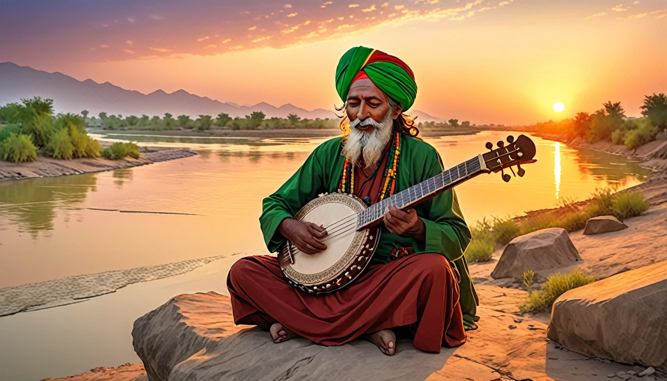 Shield of David,Indian,The turban is Rasta color,An old man playing the sitar is on the right side of the screen., On the banks of the Indus River,dawn,sunset,dim