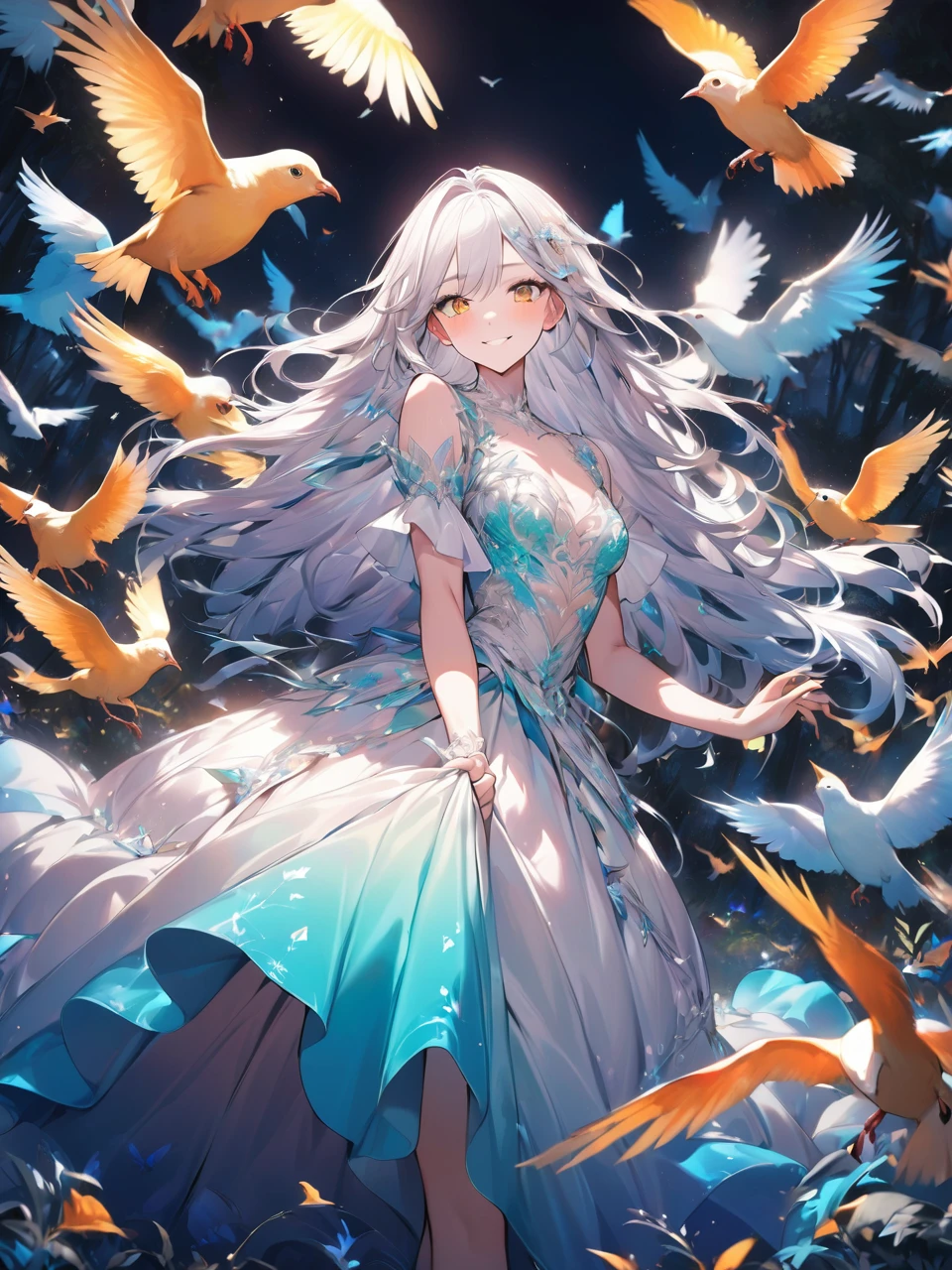 Highest quality, Highest quality, 16K, Unbelievably absurd, Very detailed, 2.5D, delicate and dynamic,Pure white background,1 female,22 years old,Woman turns to the side,Focus on the dress,Bright dress,saturated color,The dress features birds, cats and forests.,Fantasy dresses,Shiny Hair,smile