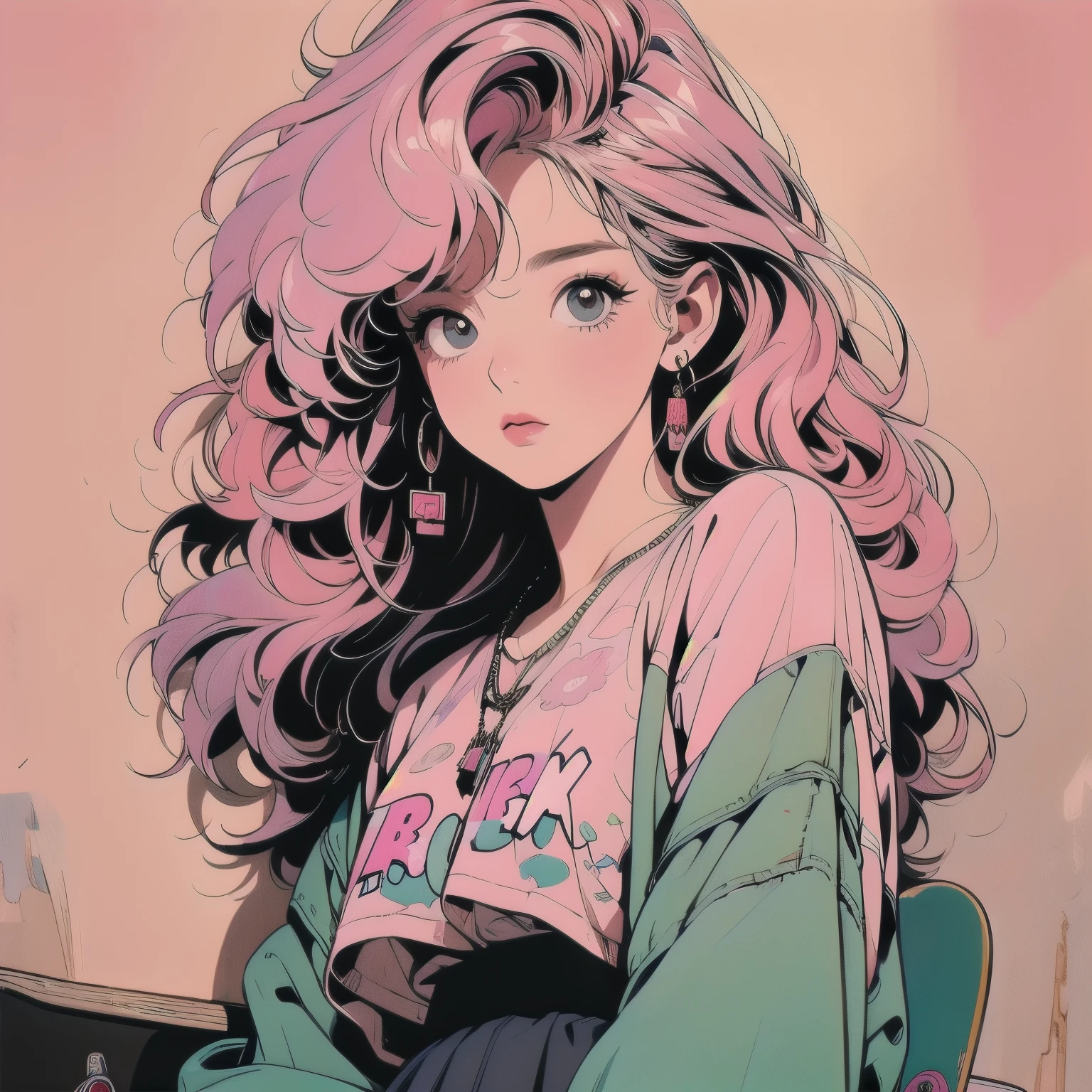 whole body, Upper Body, Messy room, Apartment, 1 girl, 4K, Warm colors , mysterious , skirt, blouse、Faint lighting、Detailed Hair、Perfect Face、80s fashion、retro color、Highest quality、Detailed Background、Complex background、sunset、Pink Hair、(((skateboard)))