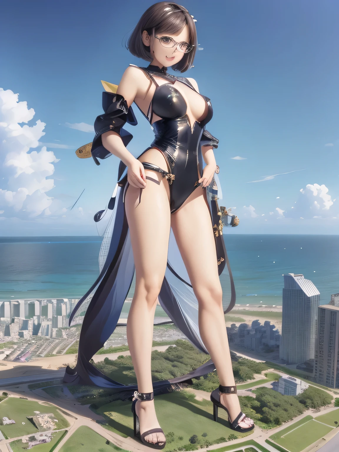 multiple girls, 3girls, standing, giantess art, highly detailed giantess shot, giantess, most detailed, perfect face, two legs, five fingers, short hair, beautiful girl bigger than a skyscraper, wearing rimless glasses, smiling, huge breasts, swimsuit, stiletto heels, under heavy attack, seaside metropolis, ocean, numerous miniature warships on the sea, very small metropolis, miniature metropolis, full body depiction, GTS, giga giantess, gigagts, trampling city, crush city, tiny city, micro city, high resolution, best quality, masterpiece,