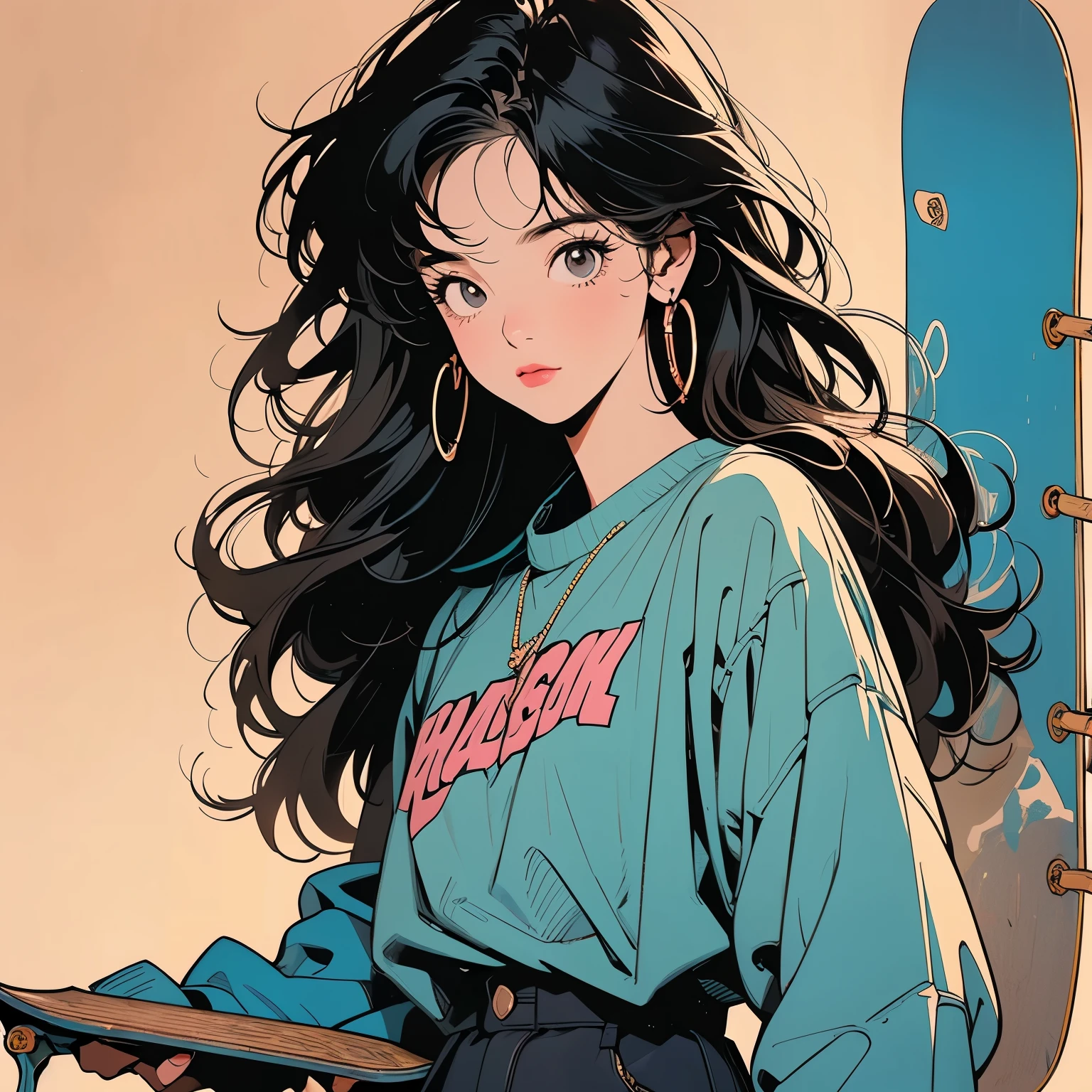 whole body, Upper Body, Messy room, Apartment, 1 girl, 4K, Warm colors , mysterious , skirt, blouse、Faint lighting、Detailed Hair、Perfect Face、80s fashion、retro color、Highest quality、Detailed Background、Complex background、sunset、Black Hair、(((skateboard)))