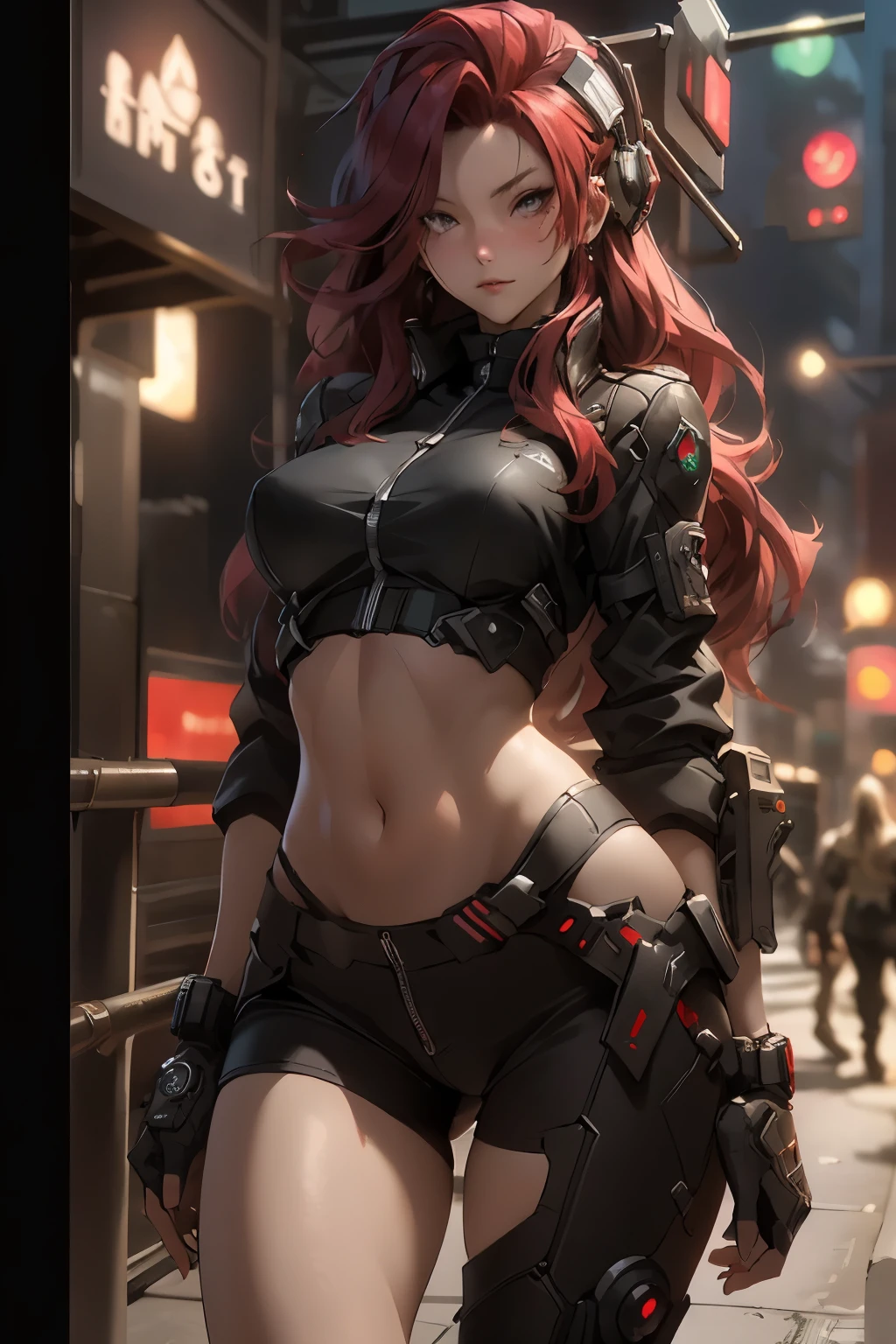 ((best quality)), ((Masterpiece)), (details:1.4), 3d, Image of a beautiful cyberpunk woman., HDR (high dynamic range), mature woman, Long hair, Red hair, black eyes, (S.W.A.T uniform), PBR surface, After processing, Anisotropic filtration,depth of field, Maximum clarity and clarity, multi-layered surface, perfect proportions, 8K raw files, cyberpunk, at night, ผมหลายชั้น, กระโปรงสั้น, natural lighting, soft lighting, sunlight, หน้าอกใหญ่, hips up, บนตึกสูง