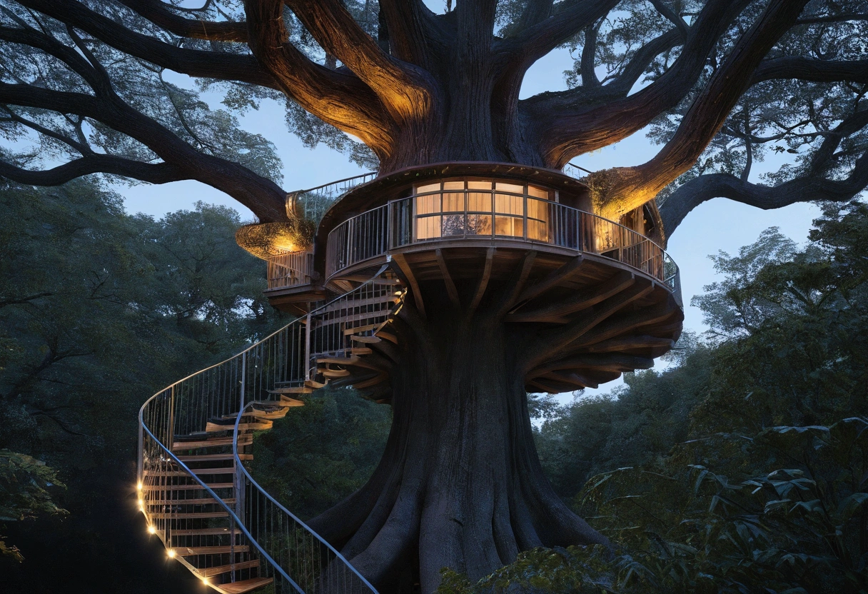Bioluminescent Treehouse
Details: An expansive, multi-level treehouse seamlessly integrated into a colossal ancient tree. The treehouse features bioluminescent plants that illuminate at night, creating a magical glow. The structure includes spiral staircases, glass floors, and hanging gardens.
Setting/Background: Enchanted forest with bioluminescent flora and a starry night sky.
Style: Surreal and whimsical.
Photography: Wide-angle shot at dusk, capturing the glowing treehouse against the darkening forest, with soft, diffused lighting to enhance the magical atmosphere.