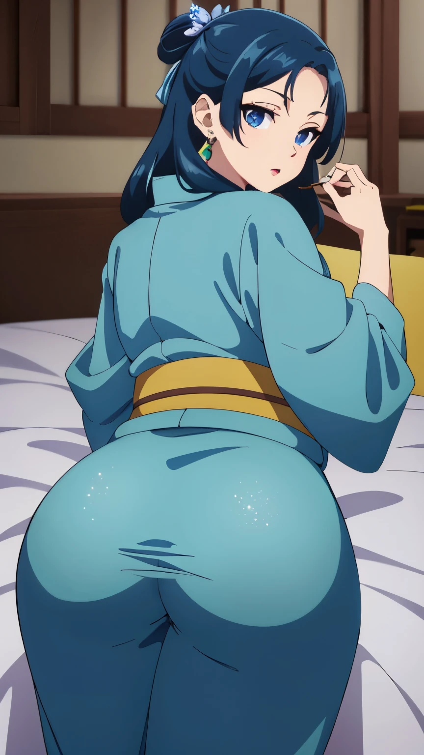 Top quality (8k, high resolution, masterpiece: 1.2), ((Goddess of beauty)), laying in bed, super detailed, anime art style, dynamic angle, photo from behind, teen style, (tight yukata), Perfect ass, detailed white hair, detailed blue eyes, intricate hairstyle, long hair , slim body, sparkling eyes, youthful, hair accessories, earrings, tight cloths, detailed lighting, bright colors, looking at the viewer, in the center of the image, cowboy shot, ((FOCUS ON ASS))