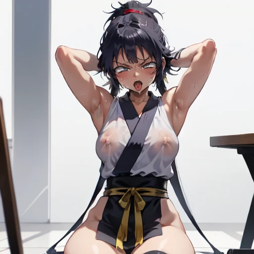 1girl, (ahegao),(muscle1.4), (masterpiece:1.3), (high resolution), (8K), (extremely detailed), (4k), (pixiv), perfect face, nice eyes and face, (best quality), (super detailed), detailed face and eyes, (solo), textured skin, absurdres, highres, wzkomachine, white eyes, Small breasts, sash, bike shorts, short sleeves, bangs, black gloves, fingerless gloves, long hair, black hair,ponytail, japanese clothes, kimono, sitting on floor, looking at viewer,Nipple exposure,Sexy, flirtatious, Solitary, eternity, - Hip vents, No underwear,No eyeballs, Also available in black, low twin braids,Facing the audience, looking at the audience, tired, from below, (Exposed armpit:1.1), ((armpit:1.2)), sexy, Sweating, More and more sweat,(ahegao), (Roll your eyes), Naughty face, blush, open mouth, Sticking out tongue, saliva, Slobber,Skinny, raise arms, (arms above head:1.5)