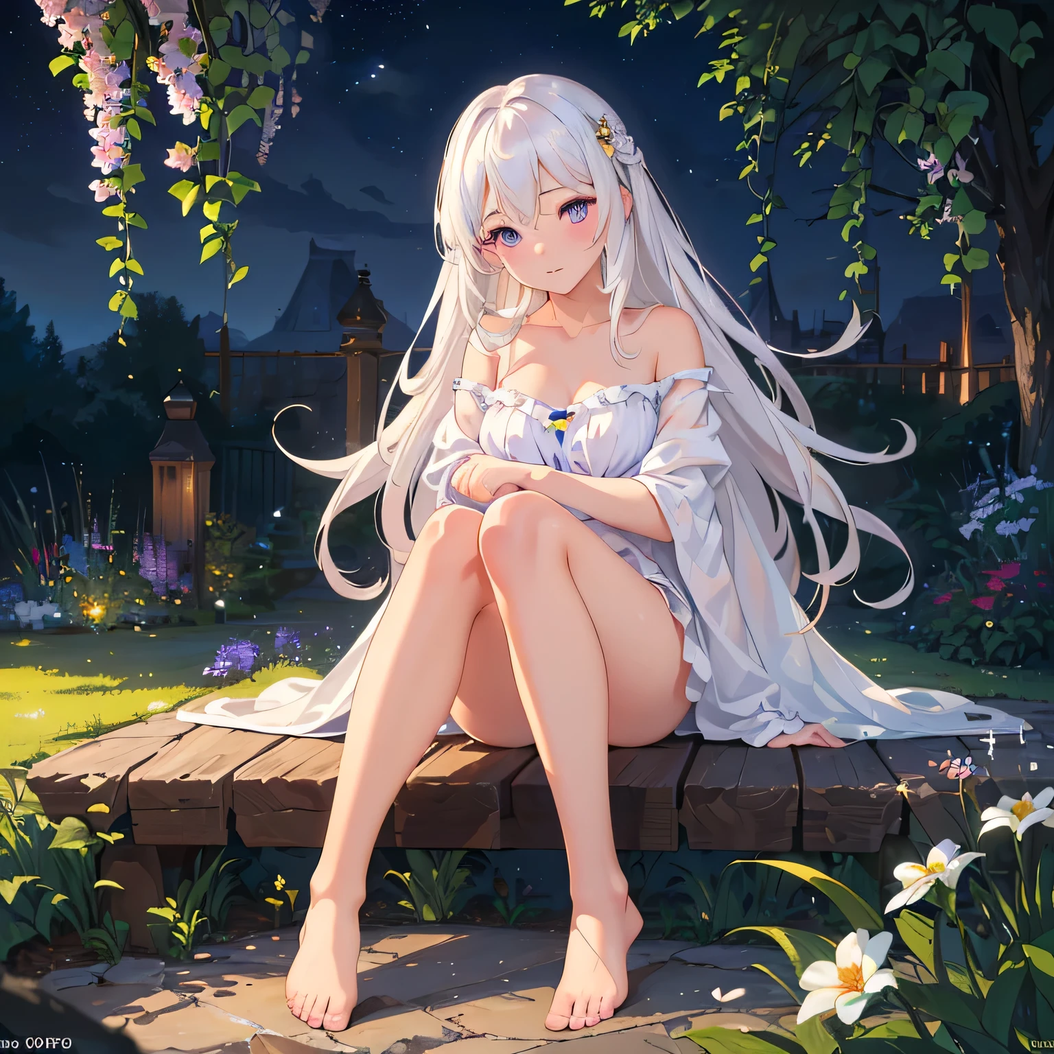 (best quality,4K,8K,high resolution,masterpiece:1.2),Very detailed,(Practical,photoPractical,photo-Practical:1.37),illustration,Soft Light,White hair girl,Deep purple eyes,Glowing eyes,sit down,barefoot,blush,Garden at night,Flowers.dew