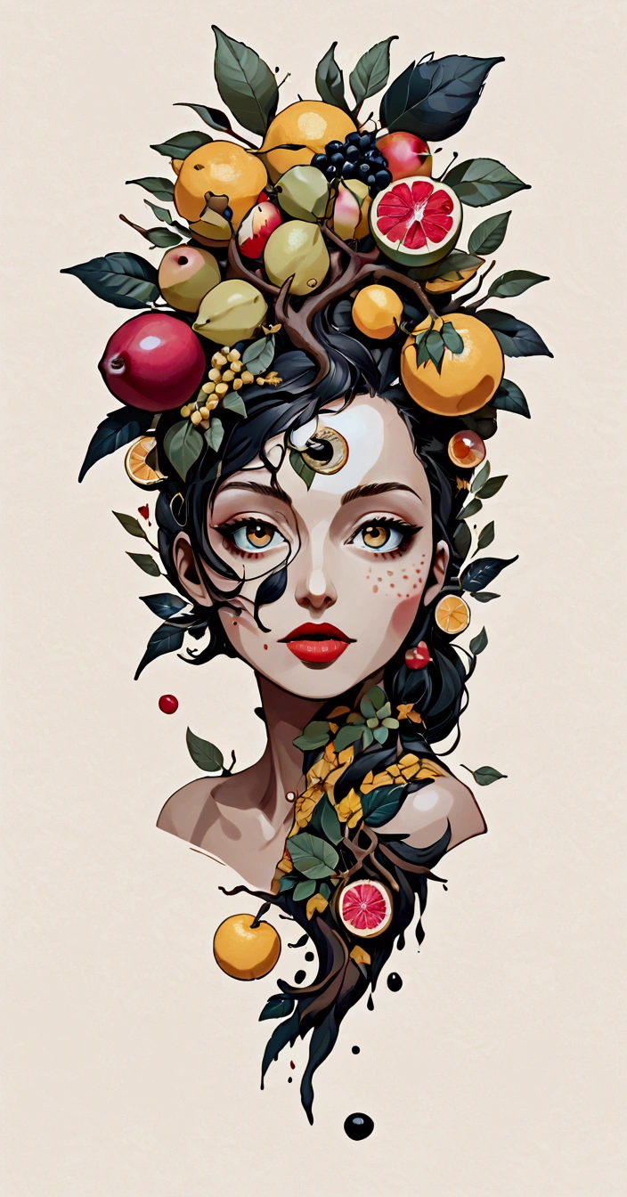 there is a painting of a woman&#39;s eye and a branch of fruit, digital collages, inspired by Marco Mazzoni, inspired by Hannah Höch, by Anna Fussli, A contemporary artistic collage, Surreal collage, inspired by Anna Fussli, collage illustrations, ( collage ), Photo montage, by Paul Davis, Jean-Sébastien Rossbach