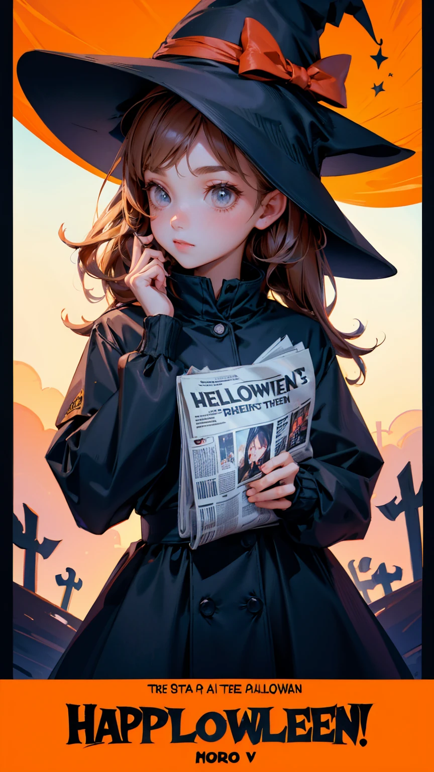 cute girl wearing hat and holding up a newspaper with the text "Announcement of Announcement," written on it, with a Halloween background and spooky trees in the back