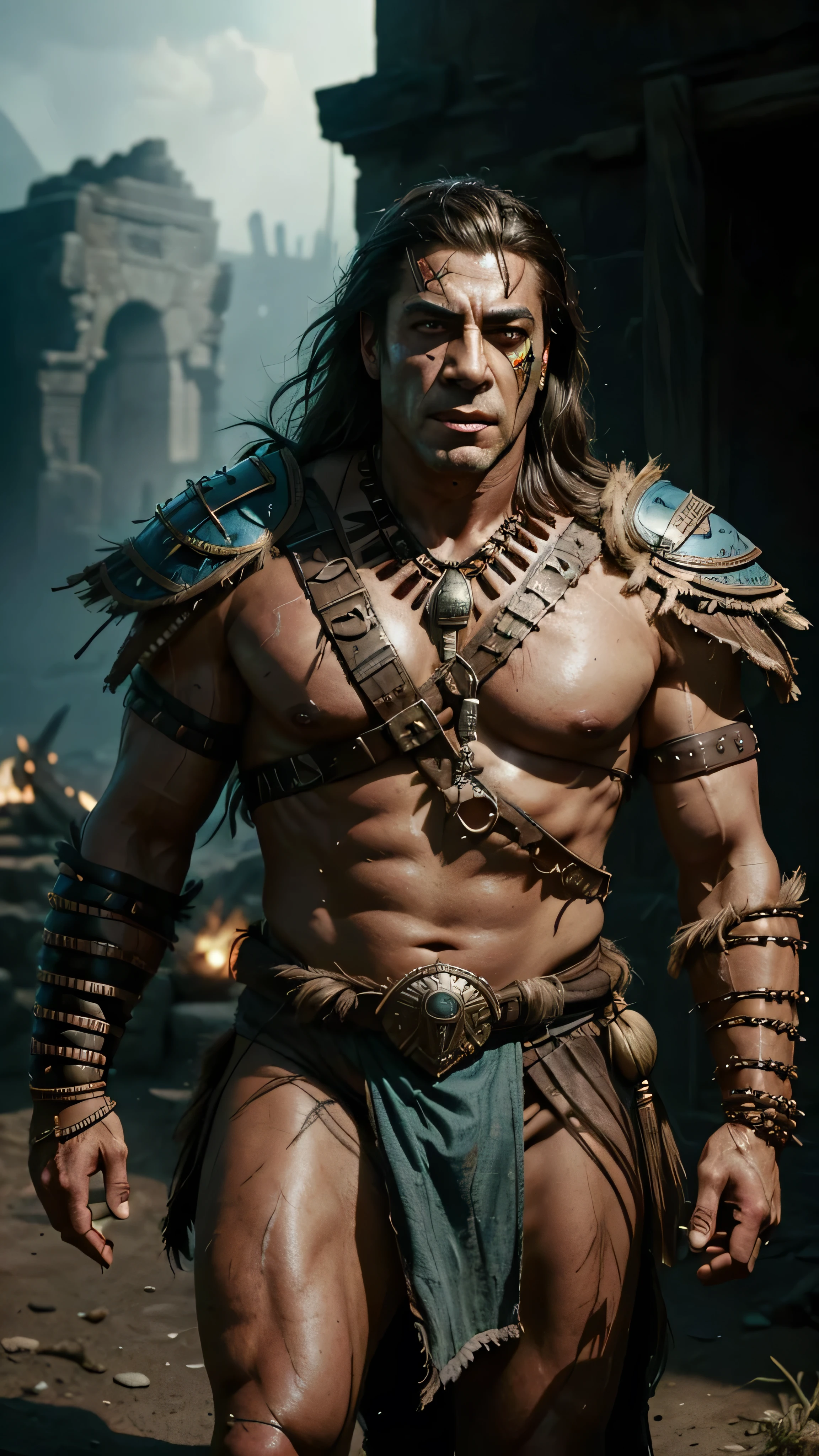 (Javier Bardem) as Kotal Kahn from Mortal Kombat, black long hair, glowing eyes, light blue tattoos, man warrior, brown helmet with feathers, brown armor, brown loincloth, (aztec temple background:1.0), (insanely detailed, beautiful detailed face, masterpiece, best quality), cinematic lighting, 1man, solo, full body view, front view, looking at viewer, intricate, high detail, sharp focus, dramatic, photorealistic painting art by greg rutkowski