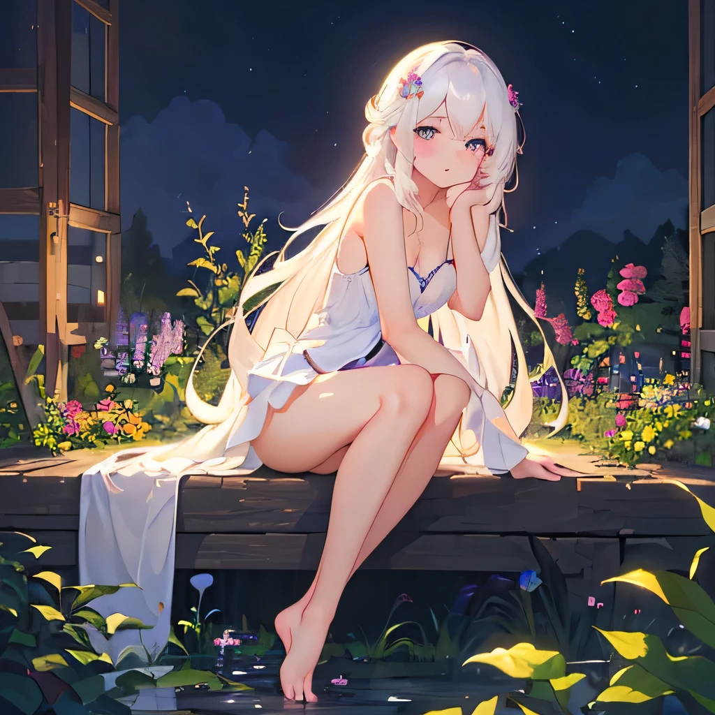(best quality,4K,8K,high resolution,masterpiece:1.2),Very detailed,(Practical,photoPractical,photo-Practical:1.37),illustration,Soft Light,White hair girl,Deep purple eyes,Glowing eyes,sit down,barefoot,blush,Garden at night,Flowers.dew