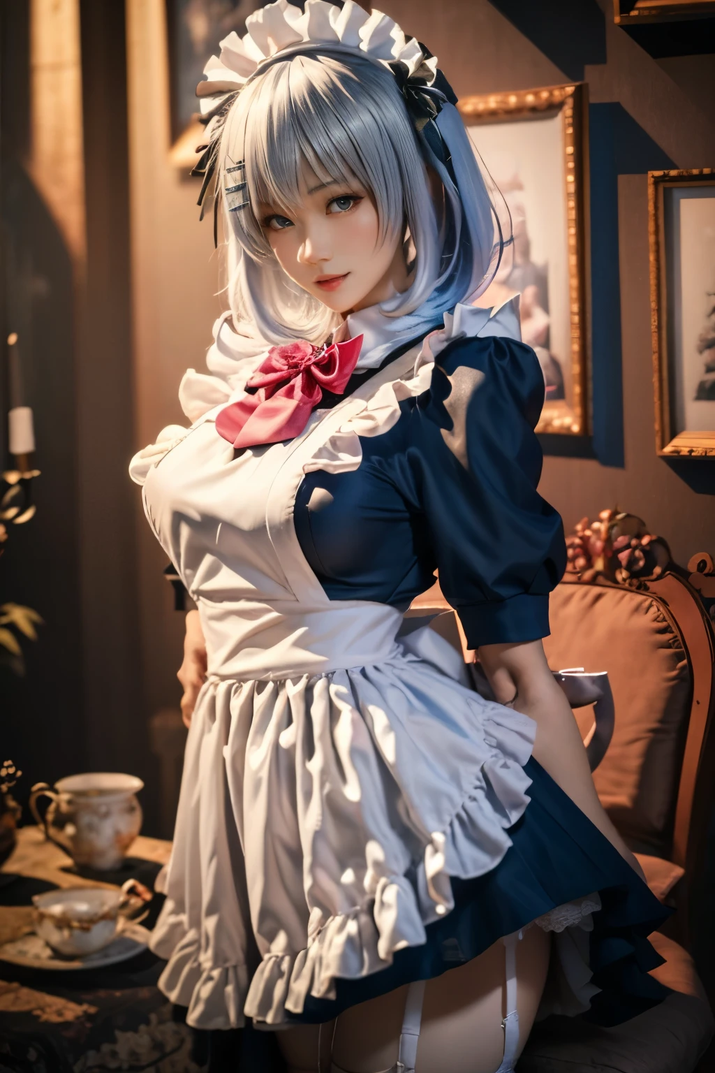 Ultra realistic, japonese girl  , cosplay tobichi origami , white short hair , malicious face smile ,  medium breasts,  victorian maid uniform,  lifting her skirt showing pantie,  garterbelt, meias longas. Lifting her skirt showing pantie,  black pantie ,underwear skirt 