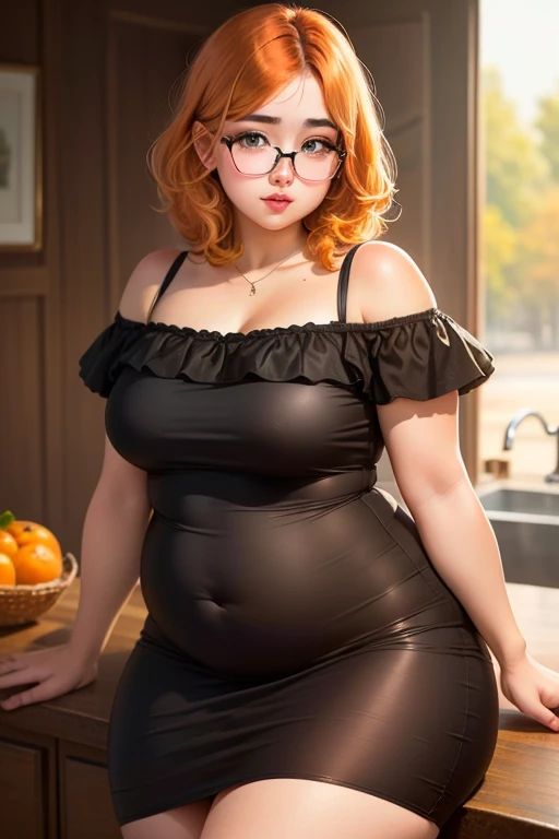 Create a 20 year old girl, shoulder length copper orange hair (Very abundant), Oval face/redondo, small nose, green round eyes ((not slanted eyes)) (with round glasses), clear skin, gorda (curvy/chubby/fat), pretty lips, short, (with medium chest), in a modest black dress (nothing sexy)