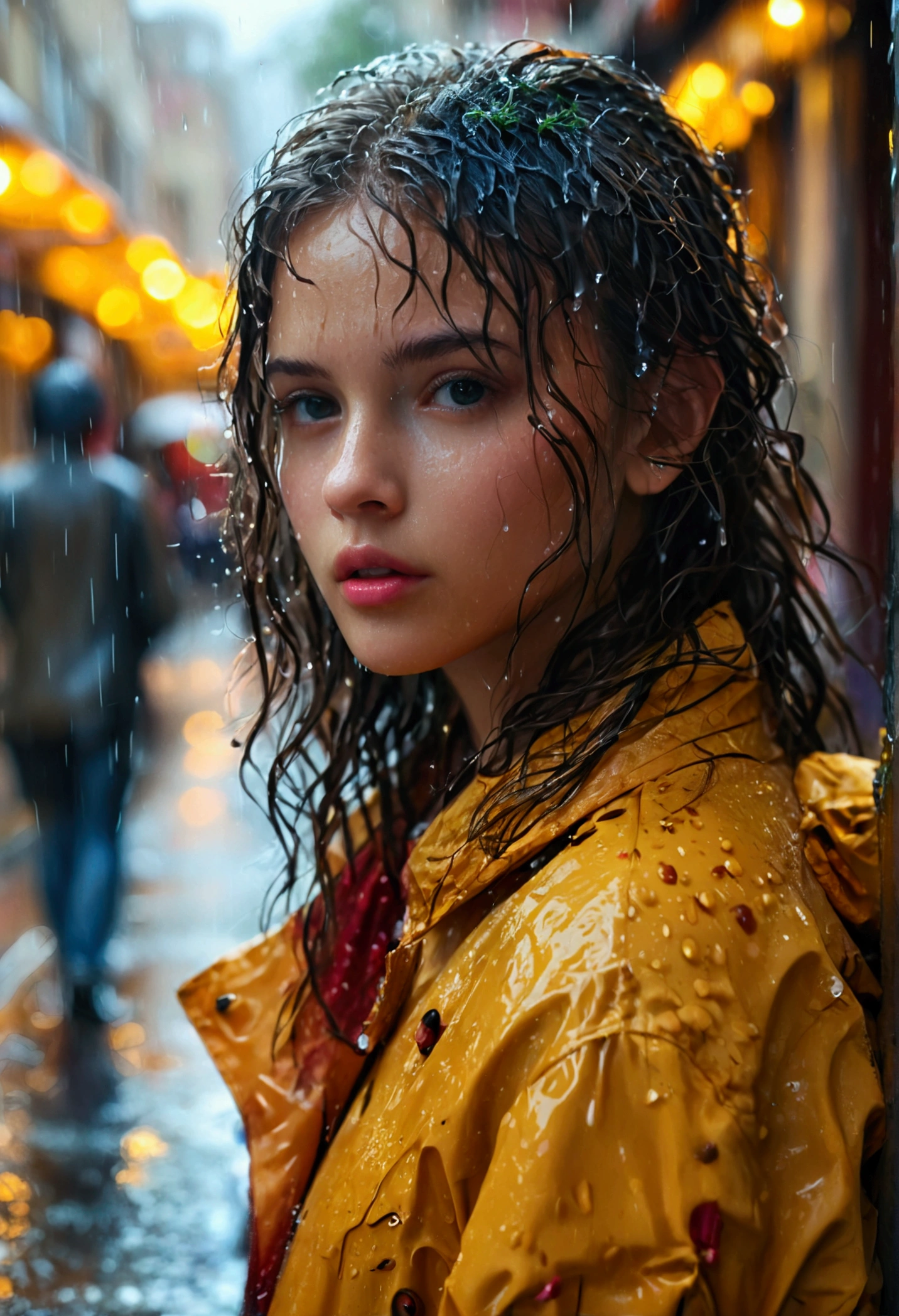 Beautiful girl walking in street, looking at camera, wet street with rain, girls hair Wer, girls clothes wet