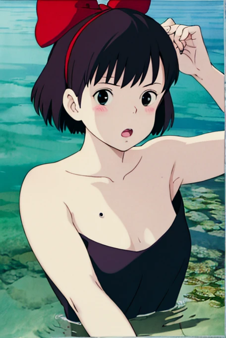 ghibli style,
kiki \(majo no takkyuubin\),
1girl, :o, bangs, black eyes, black hair, black shirt, blush, bow, bow hairband, collarbone, day, fingernails, food, fruit, hair bow, hairband, holding, holding food, holding fruit, looking at viewer, open mouth, outdoors, red bow, red hairband, shirt, short hair, solo, strawberry, sunlight, upper body, water drop
, ((masterpiece)), no clothes, nude, full naked, naked portrait, nude photography, shiny nipple, show armpit