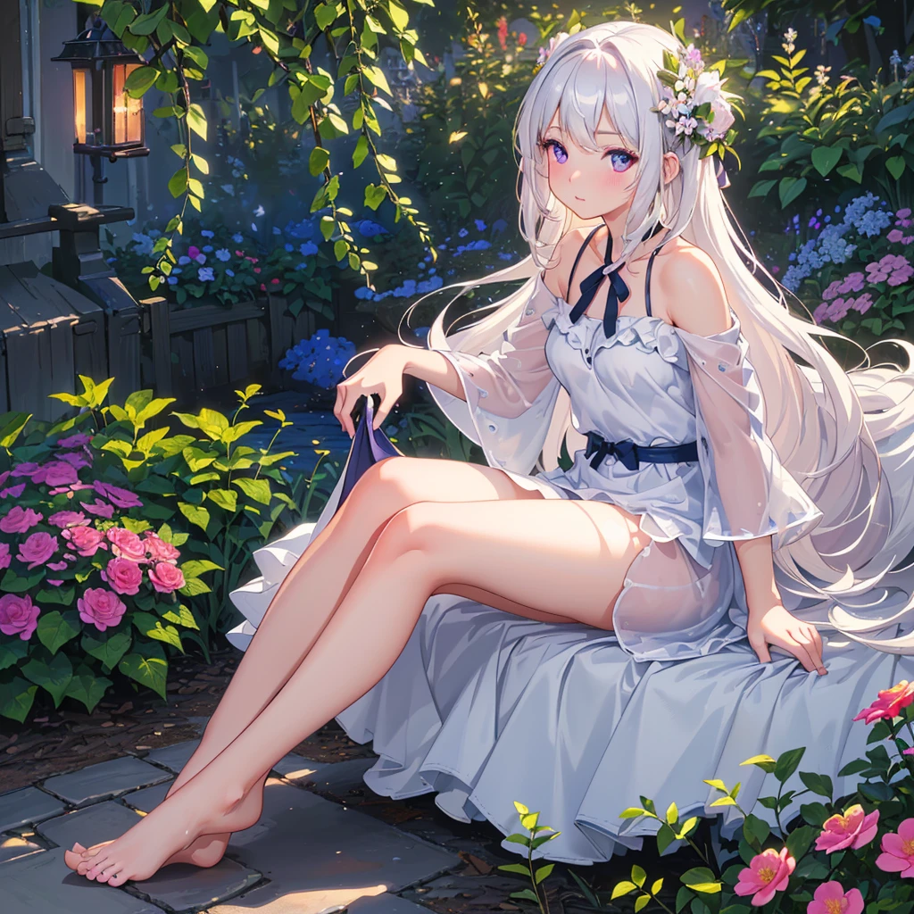 (best quality,4K,8K,high resolution,masterpiece:1.2),Very detailed,(Practical,photoPractical,photo-Practical:1.37),illustration,Soft Light,White hair girl,Deep purple eyes,Glowing eyes,sit down,barefoot,blush,Garden at night,Flowers.dew