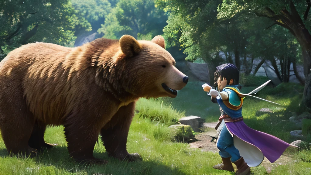 Dragon Quest、Peaceful scenery、、A black-haired hero with a sword and shield、Fighting a ferocious bear、The hero is brandishing his sword、Ultra high definition、4K