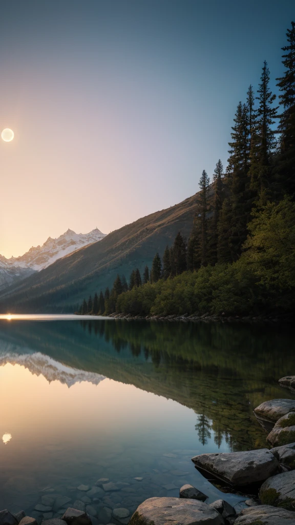 photo RAW,(spring,mountains and a lake with a moon in the sky, 4k highly detailed digital art, 4 k hd wallpaper very detailed, impressive fantasy landscape, sci-fi fantasy desktop wallpaper, 4k wallpaper, 4k detailed hdr photography, sci-fi fantasy wallpaper, epic dreamlike fantasy landscape, 4k hd matte, 8k,Realistic, realism, hd, 35mm photograph, 8k), masterpiece, award winning photography, natural light, perfect composition, high detail, hyper realistic, (composition centering, conceptual photography)