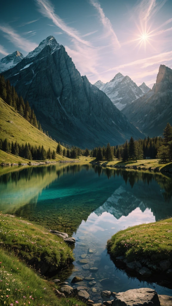 photo RAW,(spring,mountains and a lake with a moon in the sky, 4k highly detailed digital art, 4 k hd wallpaper very detailed, impressive fantasy landscape, sci-fi fantasy desktop wallpaper, 4k wallpaper, 4k detailed hdr photography, sci-fi fantasy wallpaper, epic dreamlike fantasy landscape, 4k hd matte, 8k,Realistic, realism, hd, 35mm photograph, 8k), masterpiece, award winning photography, natural light, perfect composition, high detail, hyper realistic, (composition centering, conceptual photography)