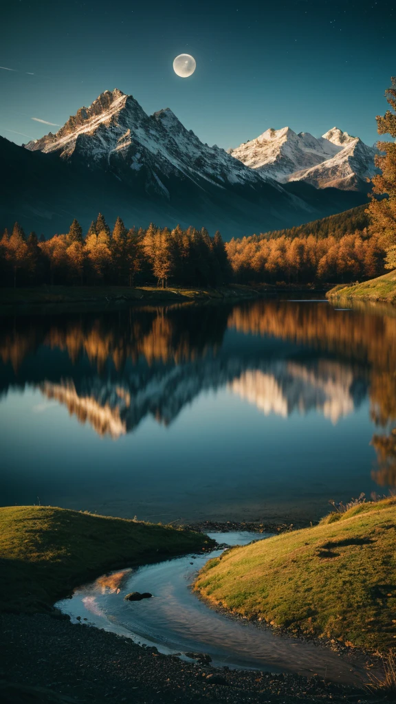 photo RAW,(spring,mountains and a lake with a moon in the sky, 4k highly detailed digital art, 4 k hd wallpaper very detailed, impressive fantasy landscape, sci-fi fantasy desktop wallpaper, 4k wallpaper, 4k detailed hdr photography, sci-fi fantasy wallpaper, epic dreamlike fantasy landscape, 4k hd matte, 8k,Realistic, realism, hd, 35mm photograph, 8k), masterpiece, award winning photography, natural light, perfect composition, high detail, hyper realistic, (composition centering, conceptual photography)