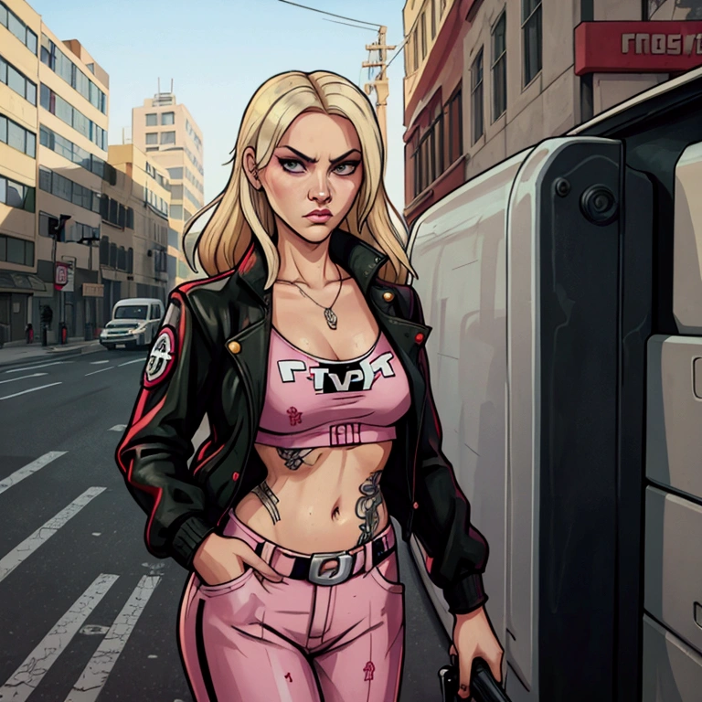 Accamary4, accmary4, beautiful woman, Model, Looking out of the corner of my eye, focus on his face, long platinum blonde hair, Dressed like a gang member, Looking out of the corner of my eye, focus on his face, stop on the street corner，There is a bus in the background., GTA art style, GTA art style , Grand Theft Auto art style, GTA V art style, gta loading screen art, gta art, gta artstyle, Gta v loading screen art, GTA pop art style, Art style of Grand Theft Auto 4