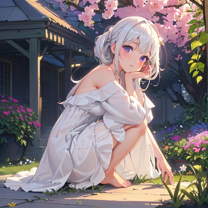 (best quality,4K,8K,high resolution,masterpiece:1.2),Very detailed,(Practical,photoPractical,photo-Practical:1.37),illustration,Soft Light,White hair girl,Deep purple eyes,Glowing eyes,sit down,barefoot,blush,Garden at night,Flowers.dew