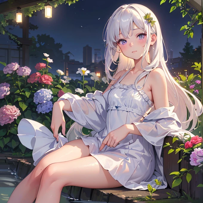 (best quality,4K,8K,high resolution,masterpiece:1.2),Very detailed,(Practical,photoPractical,photo-Practical:1.37),illustration,Soft Light,White hair girl,Deep purple eyes,Glowing eyes,sit down,barefoot,blush,Garden at night,Flowers.dew