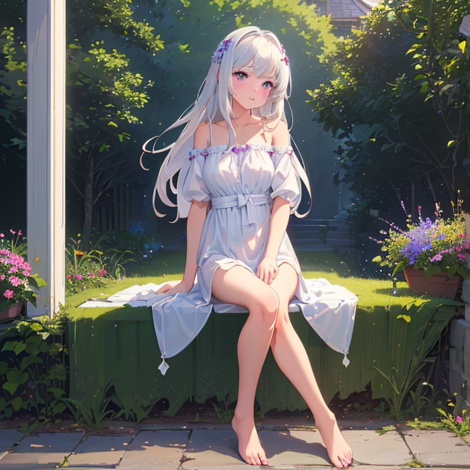 (best quality,4K,8K,high resolution,masterpiece:1.2),Very detailed,(Practical,photoPractical,photo-Practical:1.37),illustration,Soft Light,White hair girl,Deep purple eyes,Glowing eyes,sit down,barefoot,blush,Garden at night,Flowers.dew